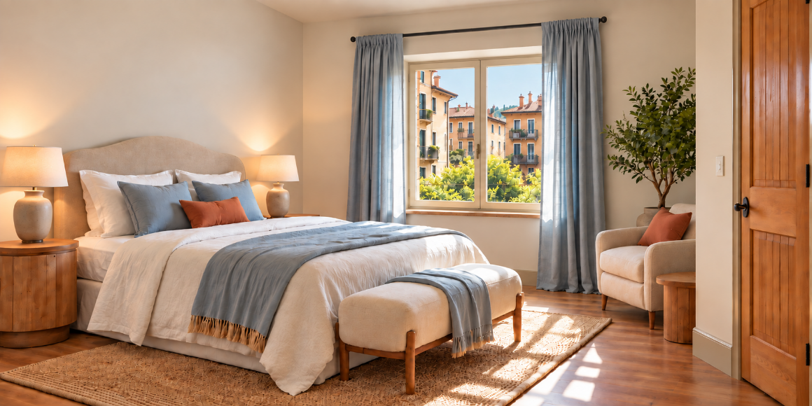 Concept di camera da letto Country Contemporanea con letto su parete piena, percorso libero, forme morbide e vegetazione viva.