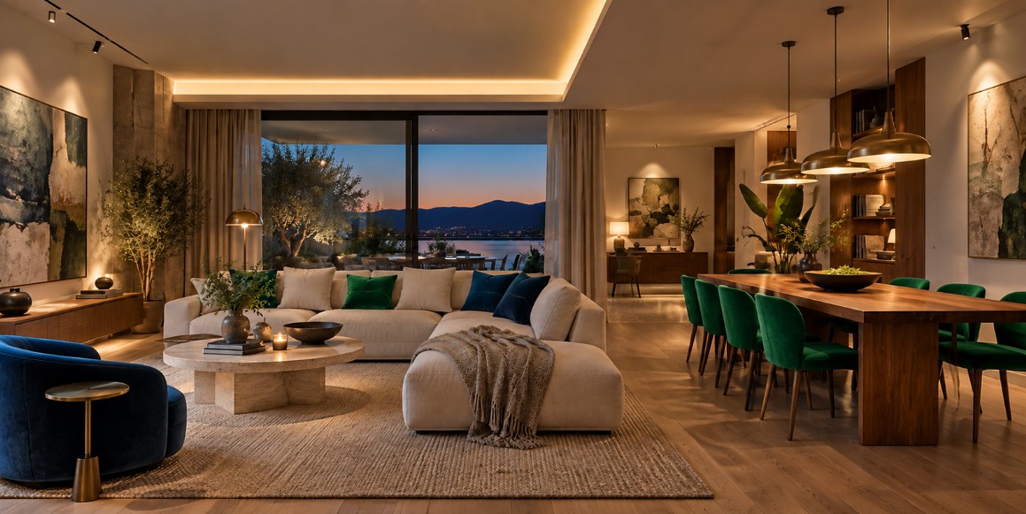 Living con zona pranzo e illuminazione indiretta, funzionale, d’accento e decorativa