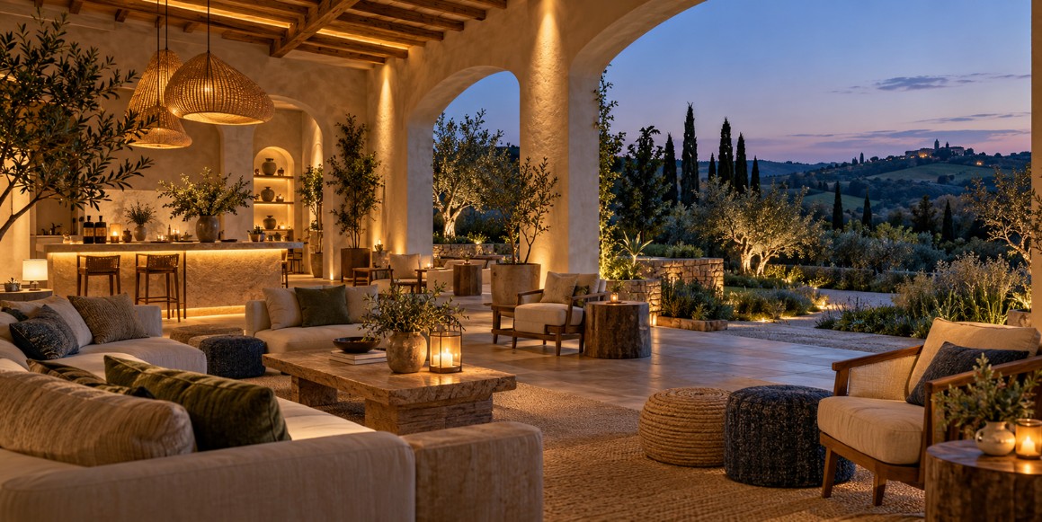 Lounge di un wine resort con illuminazione interna ed esterna e vista sul paesaggio collinare