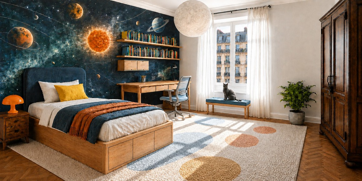 Restyling camera evolutiva 5 | 9 anni in stile Playful Modern con letto contenitore, zona studio e carta da parati universo.