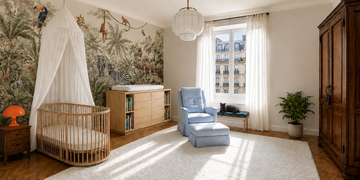 Camera per la prima infanzia con culla lettino, fasciatoio e carta da parati giungla prima del restyling, stile New Traditonal con richiami alla natura
