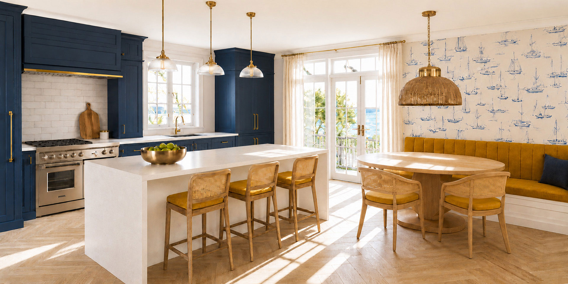 Concept di cucina stile coastal luminosa con mobili blu, sedute gialle e carta da parati Zingara Delft Little Green