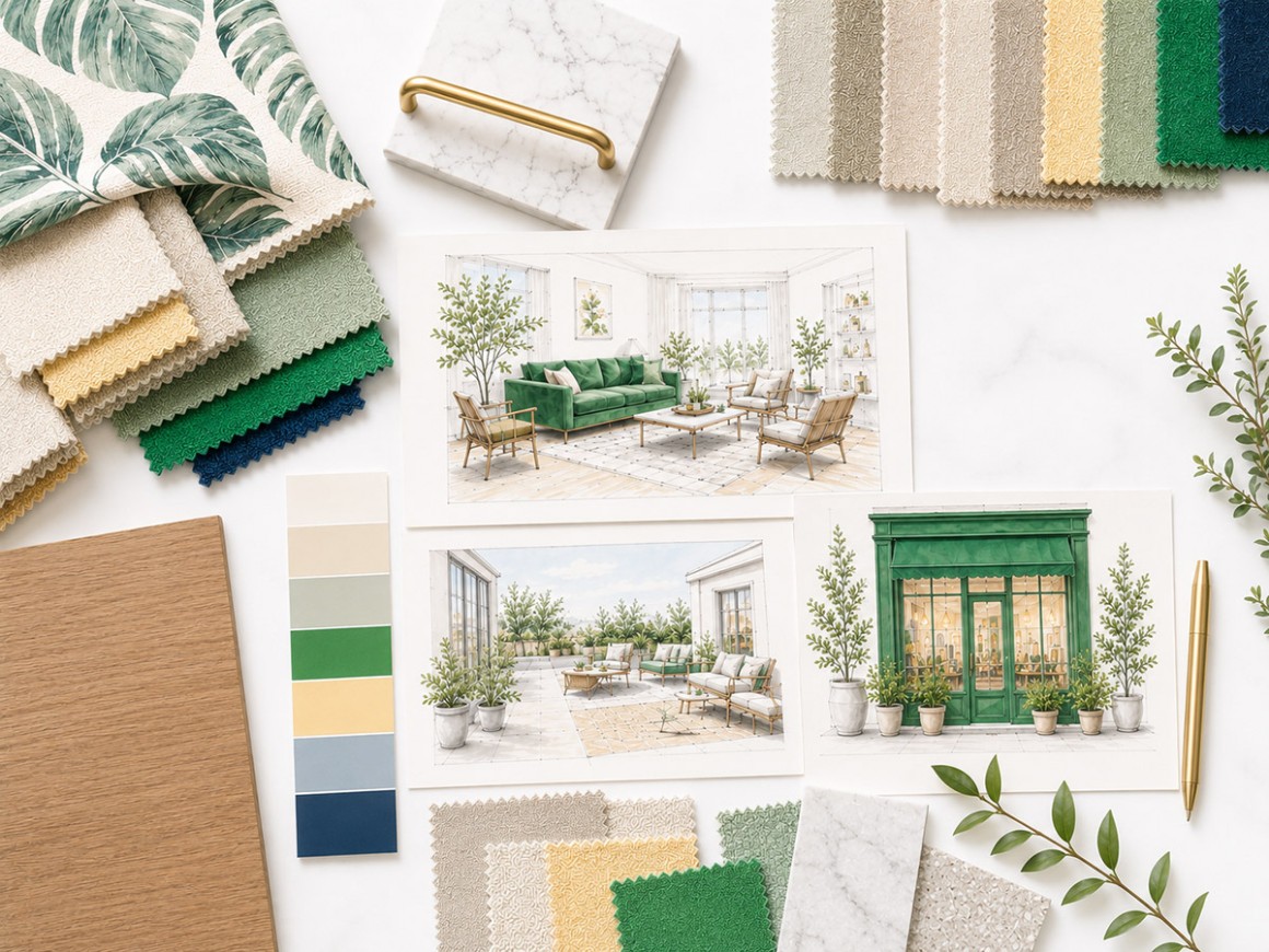 Moodboard di progettazione Interior, Garden Design & Vetrine con schizzi, campioni di tessuto, materiali e palette colore