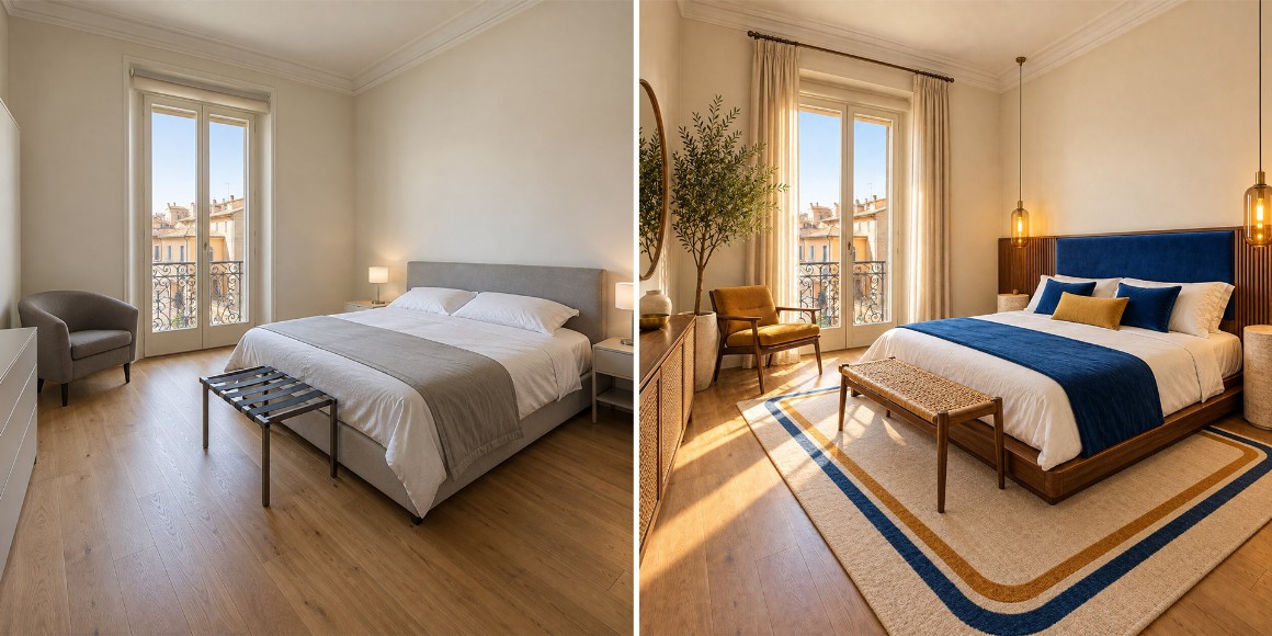 Prima e dopo di una camera per affitti brevi a Verona, valorizzata con un progetto di Home Staging ispirato al modernismo italiano degli anni Settanta.