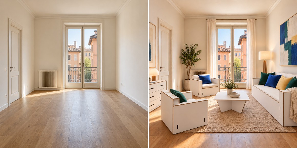 Concept prima e dopo di un soggiorno di un immbile in vendita vuoto valorizzato con Home Staging fisico e arredi scenografici in cartone a Verona.