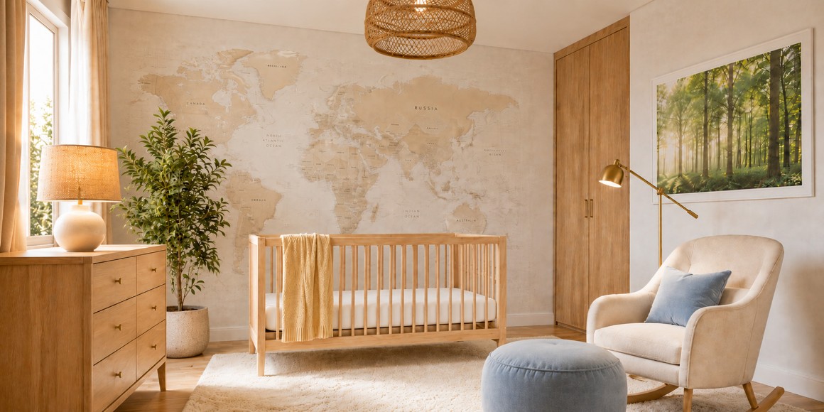 Nursery elegante e luminosa con lettino e arredi in legno, carta da parati mappamondo, poltrona a dondolo e grande pianta verde.