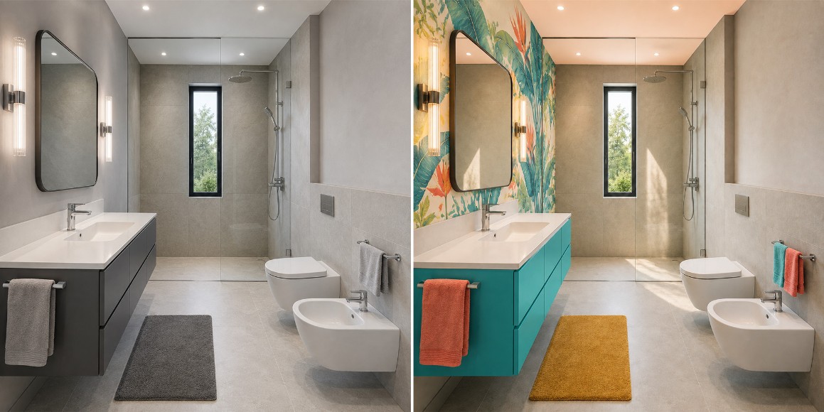 Concept prima e dopo dello stesso bagno moderno trasformato con wallpaper botanico, colori turchese, corallo e ocra.