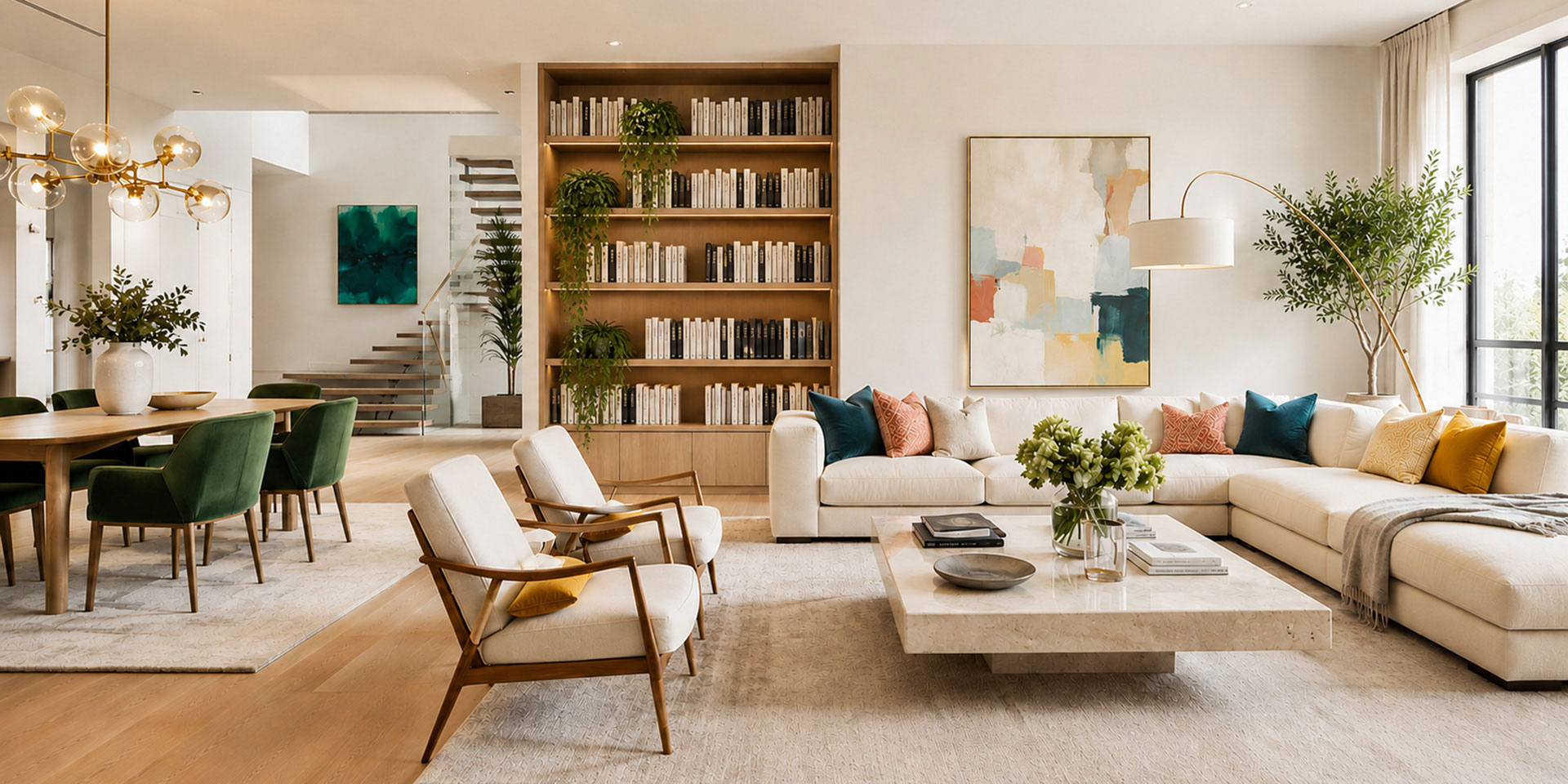 Living open space eclettico e luminoso con arredi contemporanei, richiami Mid Century, legno naturale e accenti di colore.