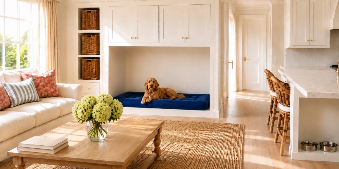 Living Pet Friendly con cuccia integrata nell’arredo e zona pappa dedicata.