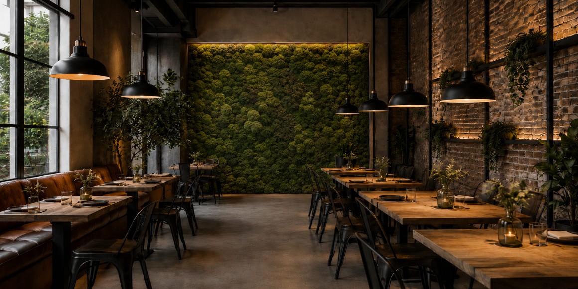 Ristorante in stile Industrial Chic con parete in muschio stabilizzato, legno, mattoni a vista e illuminazione a sospensione.