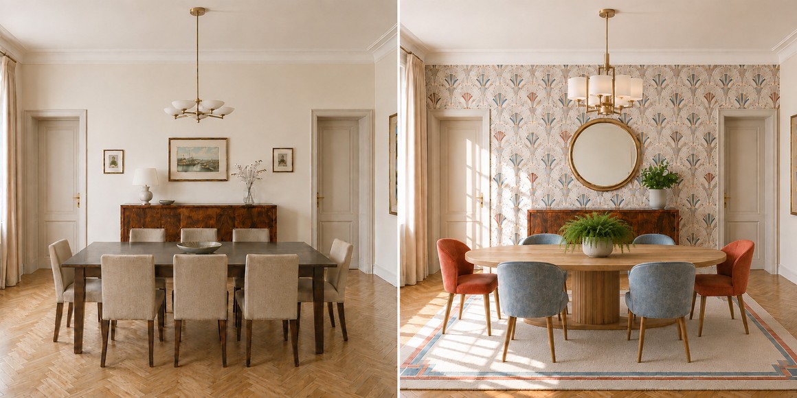 Concept prima e dopo di una sala da pranzo trasformata con il Restyling attraverso nuovi arredi, carta da parati geometrica, illuminazione e richiami Art Déco.