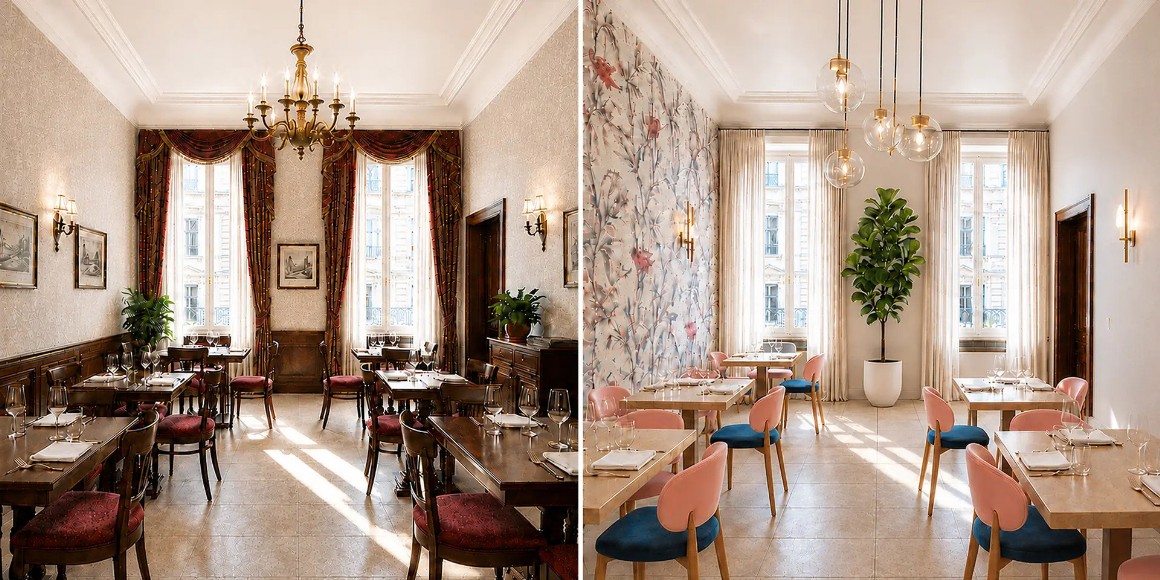 Confronto prima e dopo del restyling di un ristorante, dallo stile Classico Tradizionale ad Eclettico Contemporaneo